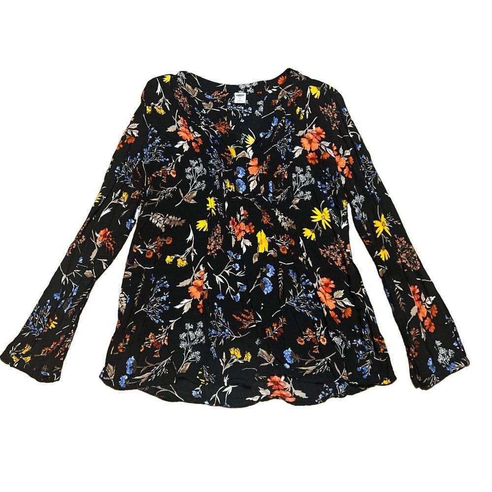 Old Navy Women's Black Floral Long Sleeve Surplice Wrap V-Neck Blouse – Size XS